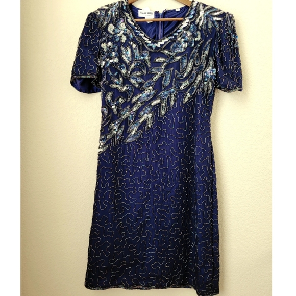 VINTAGE Beaded Sequin Royal Blue Dress - Picture 1 of 8